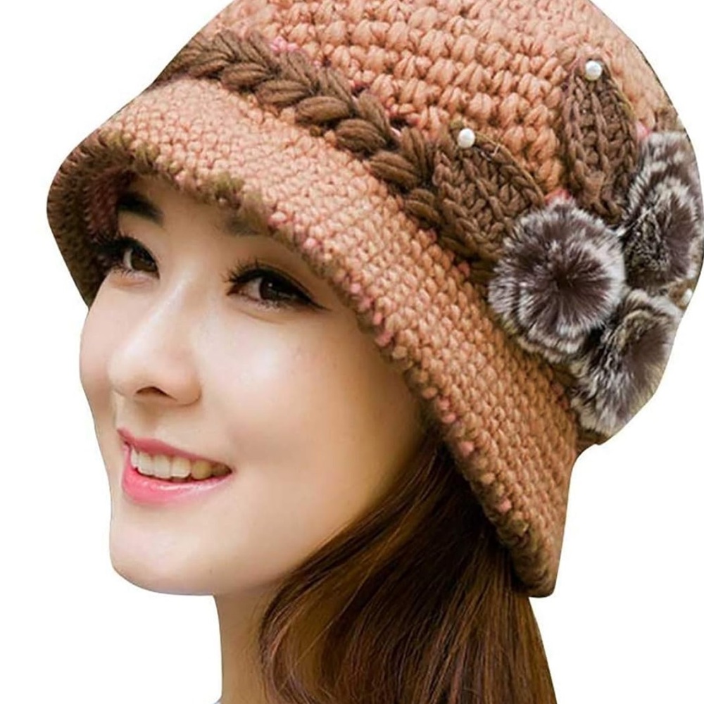 Elegant Blush Pink + Brown Crochet Hat with Floral Accents and pearl accents.